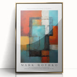 Large art print of a mid-century modernist style by Mark Rothko, featuring bold red and orange hues on framed acrylic.