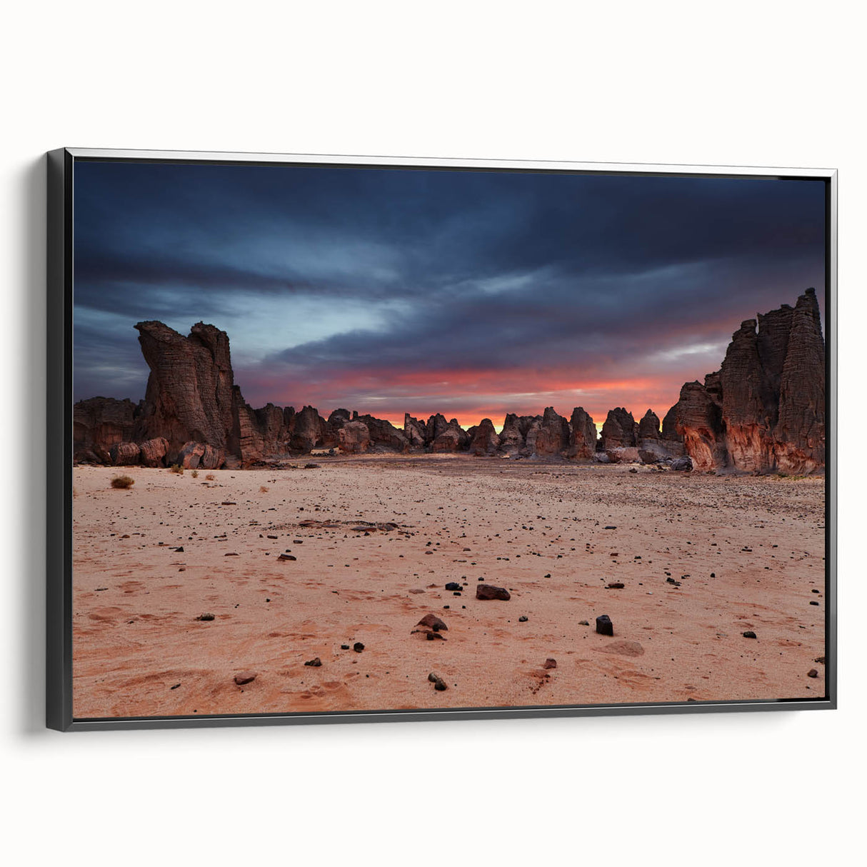 Black and white framed canvas depicting an Algerian landscape, ideal for bedroom wall art with a vintage poster style.