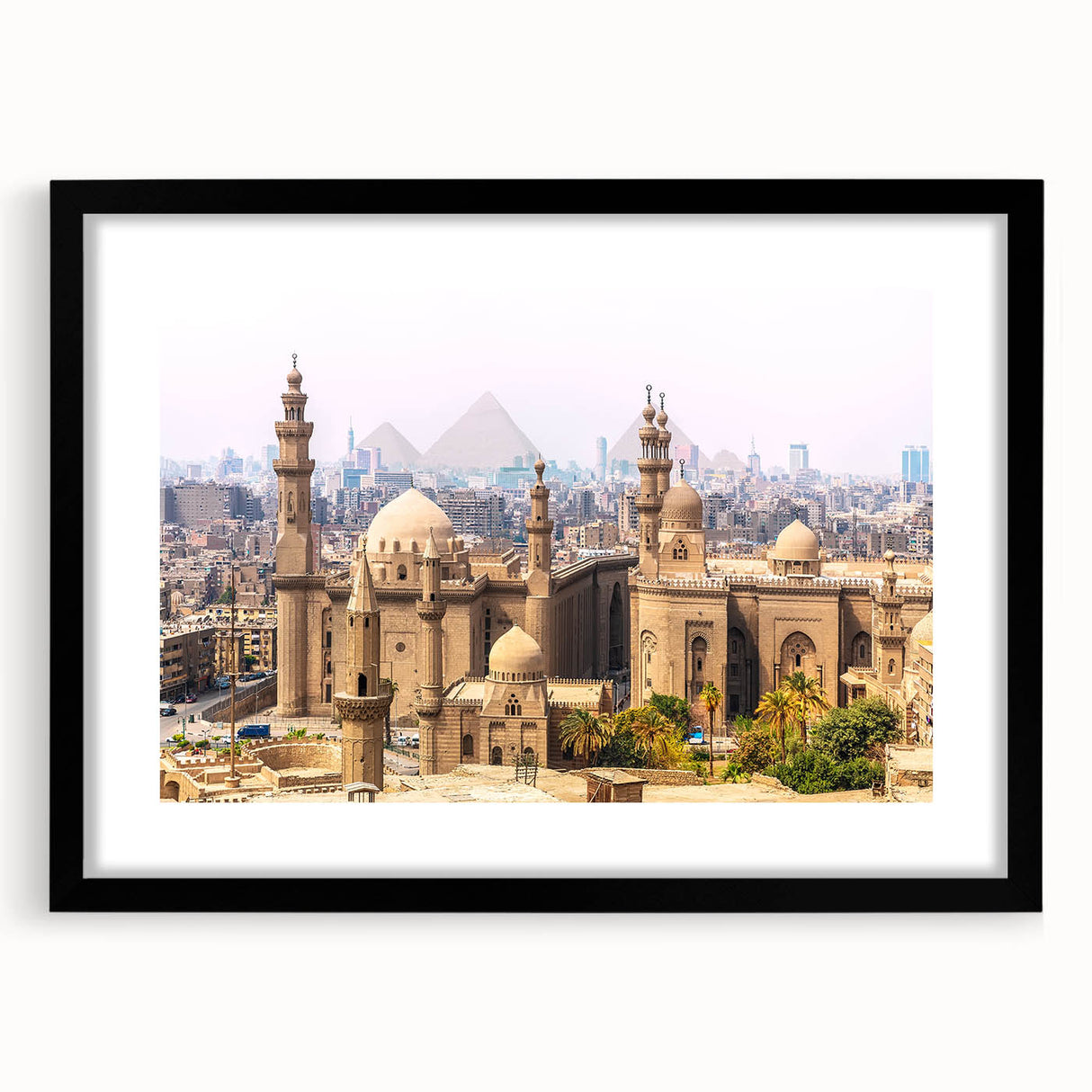 Extra large abstract art print depicting a colorful, textured African scenery on a black framed canvas.