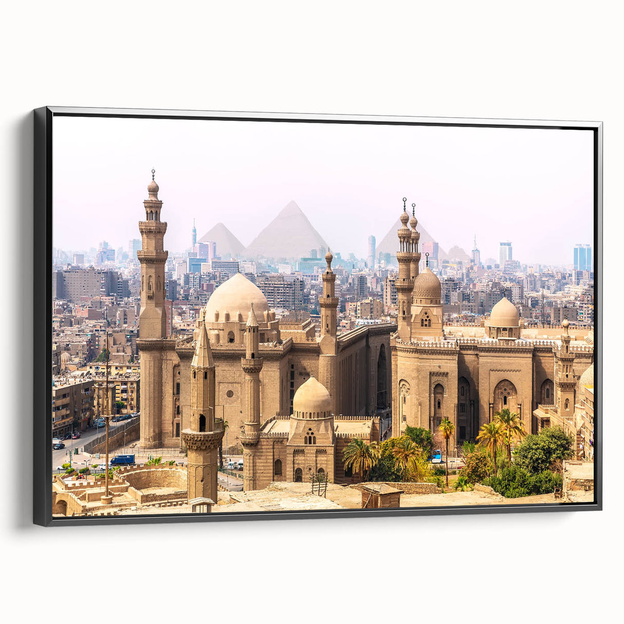 Black and white landscape art painting of Egyptian scenery on framed canvas, suitable for bedroom wall decor.