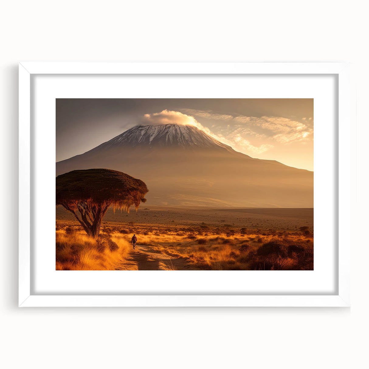 Extra large abstract art print depicting textured African scenery in earth tones, framed with a white mat.