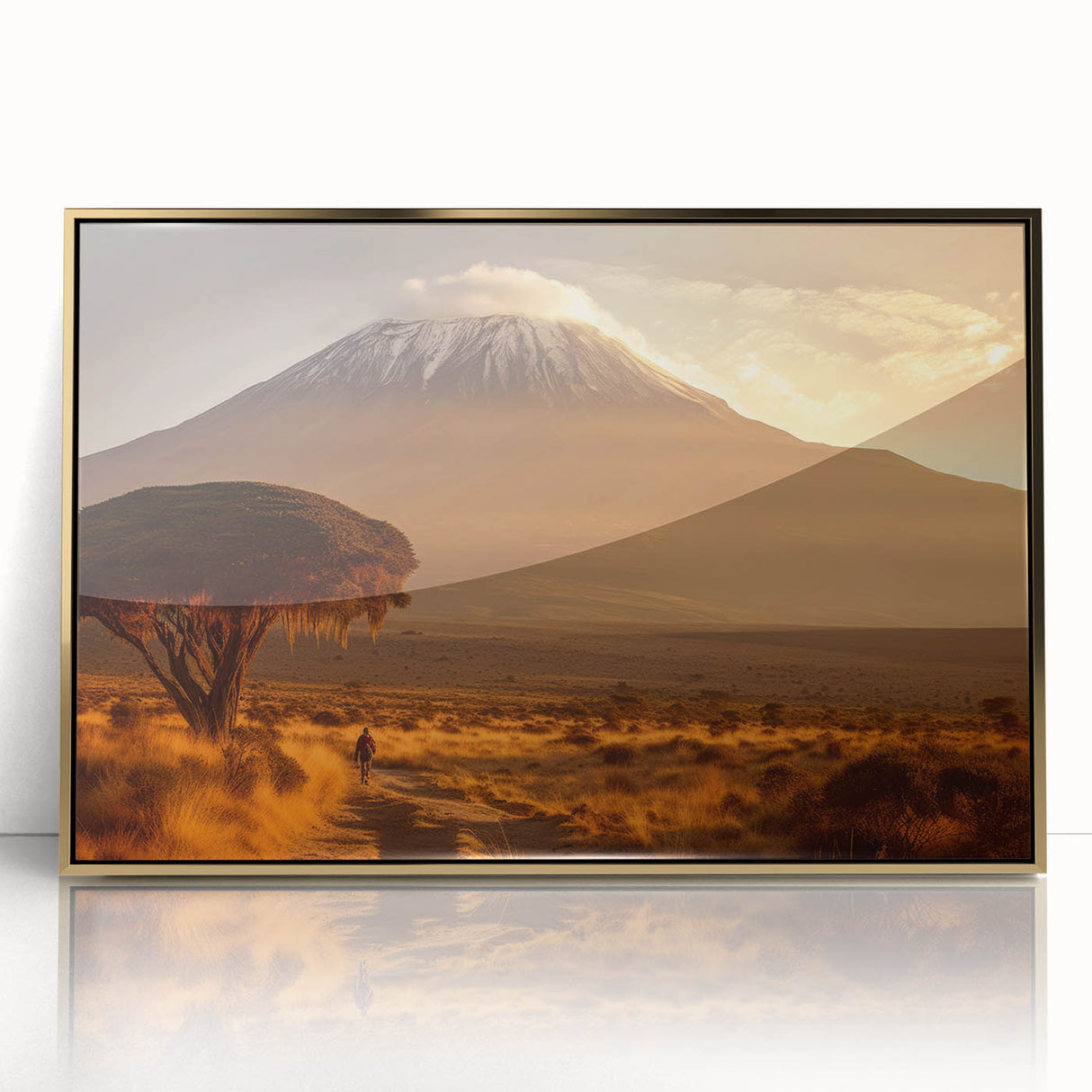 Mid-century modernist art depicting a serene Kenyan landscape in acrylic gold hues, framed, perfect for nursery wall art.