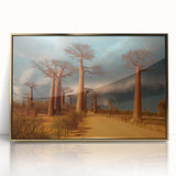 Mid-century modernist art depicting a Madagascar landscape in acrylic, framed in gold, ideal for nursery wall decor.