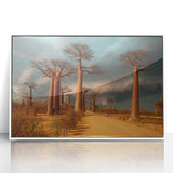 Large art print of a Madagascar landscape in mid-century modernist style, framed in white acrylic.