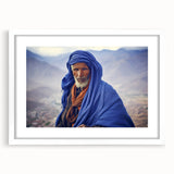 Extra large abstract art print depicting a textured African scenery, in muted earth tones, framed in white.