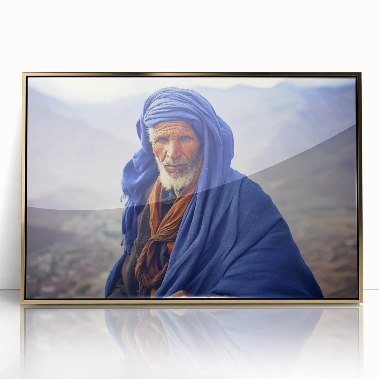 Mid-century modernist art depicting a Mali landscape in acrylic, framed in gold, ideal for nursery wall art.