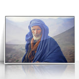 Large art print of an African Mali scenery in mid-century modernist style, framed in white acrylic.