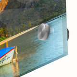 Large abstract wall art featuring a serene Mauritius landscape in pastel shades on acrylic glass, ideal for dining room art.