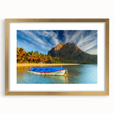 Textured abstract art print depicting a serene Mauritius landscape in earthy tones on a framed canvas.