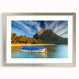 Abstract art print featuring a silver-framed Mauritius scenery, ideal for dining room decor.