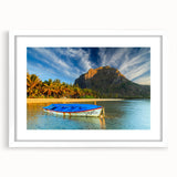 Extra large abstract art print of a textured Mauritian landscape in muted earth tones, framed in white.