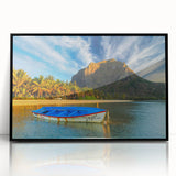 Large abstract wall art of a Mauritius scenery in black and white tones on a framed acrylic.