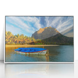 Framed acrylic print of a Mauritius coastline in muted blue and green tones, ideal for modern art wall decor.