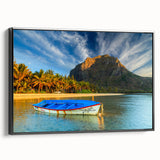 Black and white landscape art painting of Mauritius on framed canvas, ideal for bedroom wall decor.