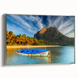 Vintage poster art of a Mauritian landscape on a large framed canvas, featuring vibrant colors against a black background.