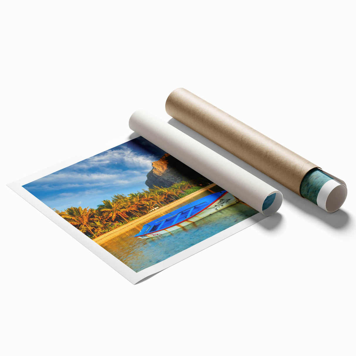 Extra large rolled print featuring a serene Mauritian landscape with lush florals in vibrant greens and blues.