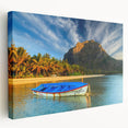 Large stretched canvas featuring a serene Mauritius landscape in soft blue and green tones, ideal for kitchen wall art.