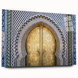 Large abstract wall art depicting a Moroccan scenery in muted earth tones on acrylic glass.