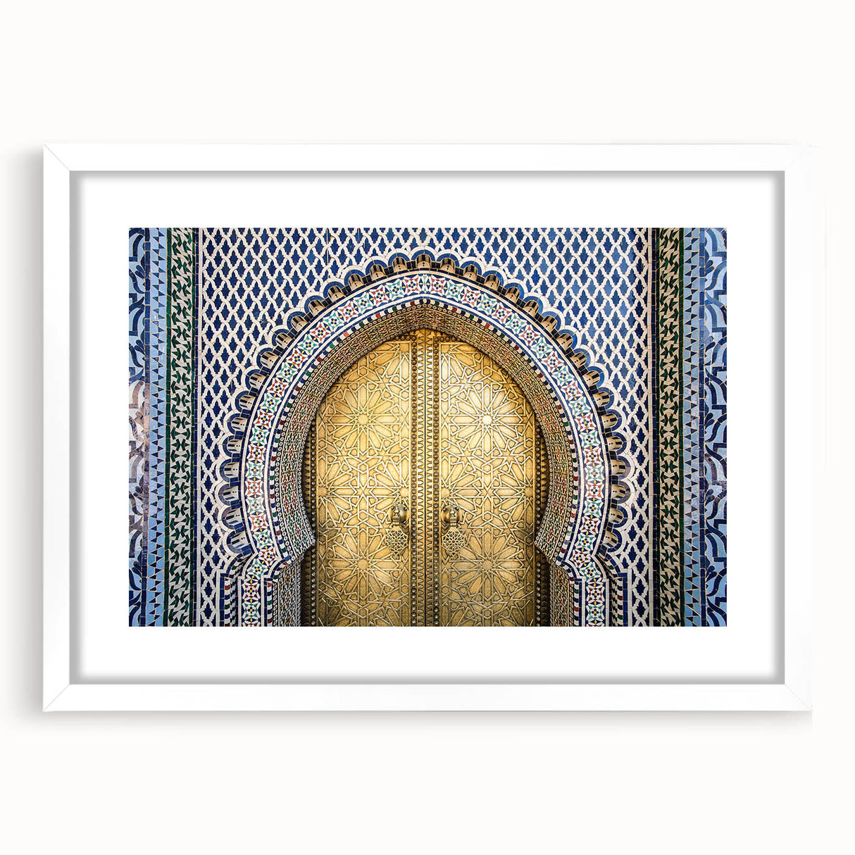 Extra large abstract art print depicting a textured Moroccan landscape in earth tones, framed with a white mat.