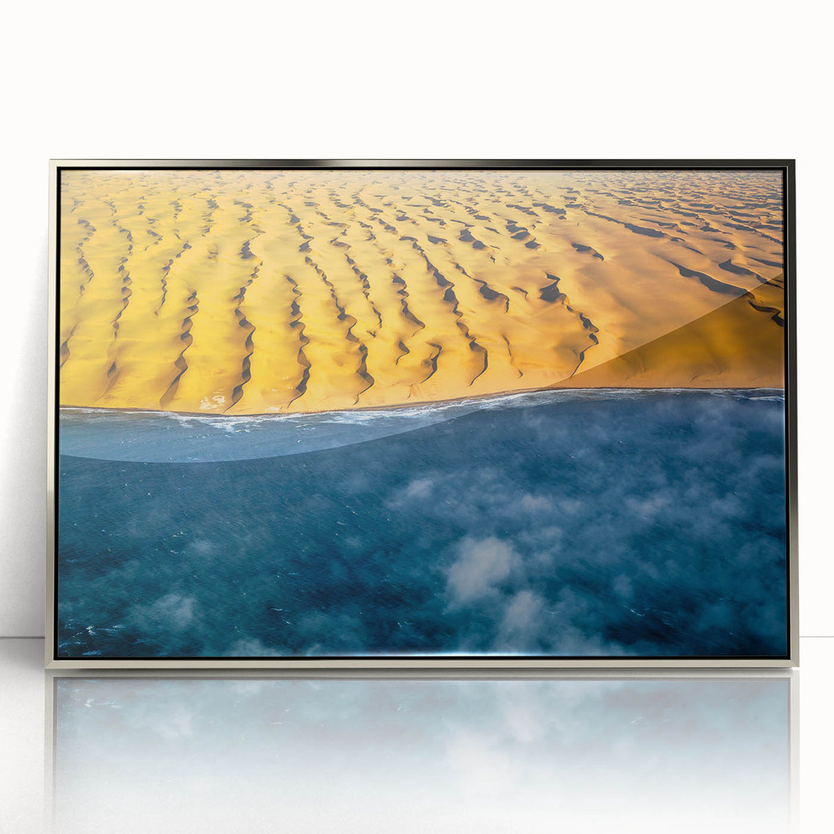 Art deco poster depicting a serene Namibian landscape, in muted earth tones on framed acrylic.