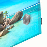 Large abstract wall art depicting a Seychelles scenery in mid-century modernist style on acrylic glass.