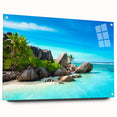 Large abstract wall art depicting Seychelles scenery in vibrant blue and green tones on acrylic glass.