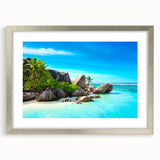 Extra large abstract art print featuring a textured scenery of Seychelles with muted earth tones, framed in silver.