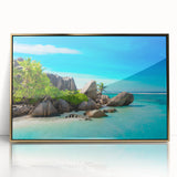 Framed acrylic print of a Seychelles landscape in gold tones, ideal for modern art wall decor.