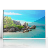 Acrylic framed print of an African Seychelles landscape in muted earth tones, ideal for modern art wall decor.