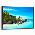 Black and white framed canvas depicting a vintage-style Seychelles landscape, ideal for bedroom wall art.