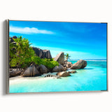 Framed canvas landscape art painting depicting the Seychelles with vibrant ocean blues and lush greenery.