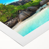 Art deco poster depicting a serene Seychelles landscape on rolled canvas, suited for dining room decor.