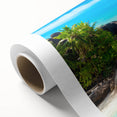 Art deco poster of Seychelles scenery in pastel shades on rolled canvas, ideal for nursery wall art.