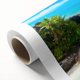 Art deco poster of Seychelles scenery in pastel shades on rolled canvas, ideal for nursery wall art.