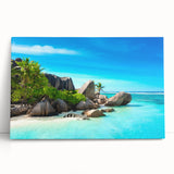 Large black and white canvas print of a Seychelles landscape, ideal for kitchen wall art.