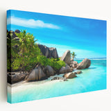 A landscape painting of the Seychelles on stretched canvas, featuring vivid blue and green hues, ideal for kitchen wall art.