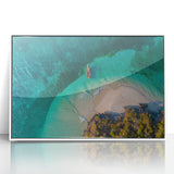 Mid-century modernist art depicting an African savannah scene in muted earth tones on a framed acrylic.