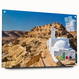 Large abstract wall art of a Tunisian landscape in muted earth tones on acrylic glass.