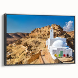 Black and white landscape art painting of Tunisia on framed canvas, ideal for bedroom wall decor.