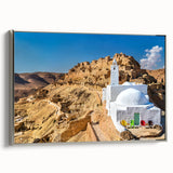 Framed canvas landscape art painting of a Tunisian scenery in vibrant colors, ideal for living room decor.