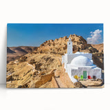 Black and white stretched canvas featuring a Tunisian landscape, ideal for kitchen wall art or bedroom decor.