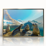 Framed acrylic print of an Antarctic landscape in muted blue and white tones, ideal for modern art wall decor.