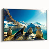 Black and white wall art of an Antarctic landscape on framed canvas, suitable for bedroom decor.