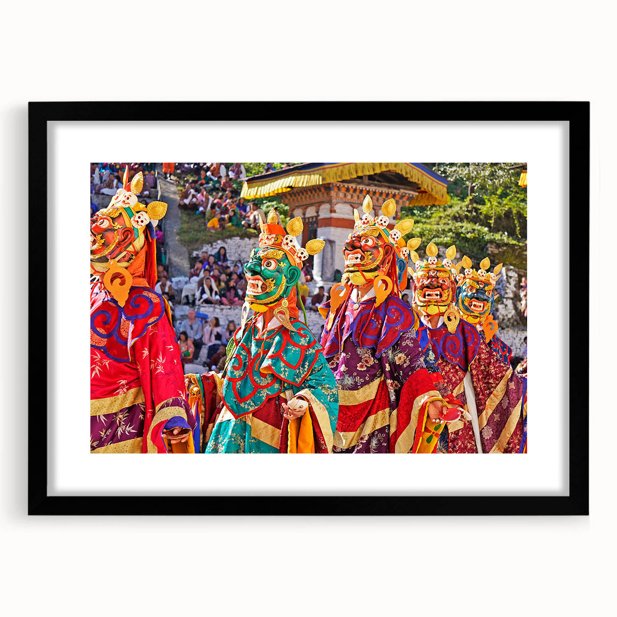 Extra large abstract art print featuring a colorful, textured scenery of Bhutan on a framed black mat.