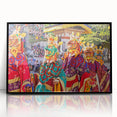 Large abstract wall art depicting a Bhutanese landscape in muted earth tones, framed in black acrylic.