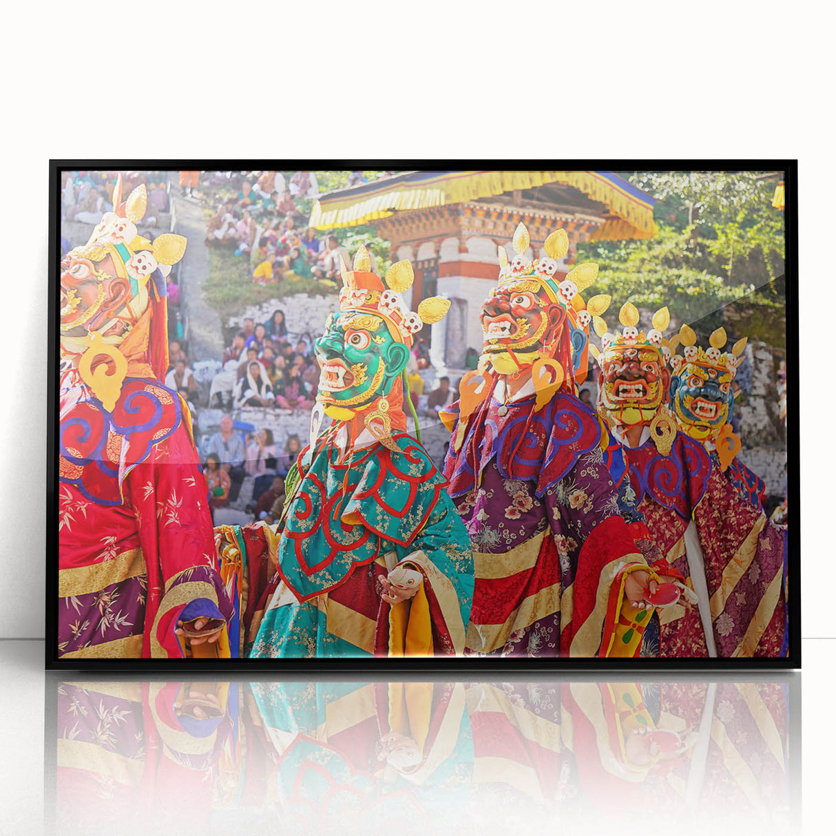 Large abstract wall art depicting a Bhutanese landscape in muted earth tones, framed in black acrylic.