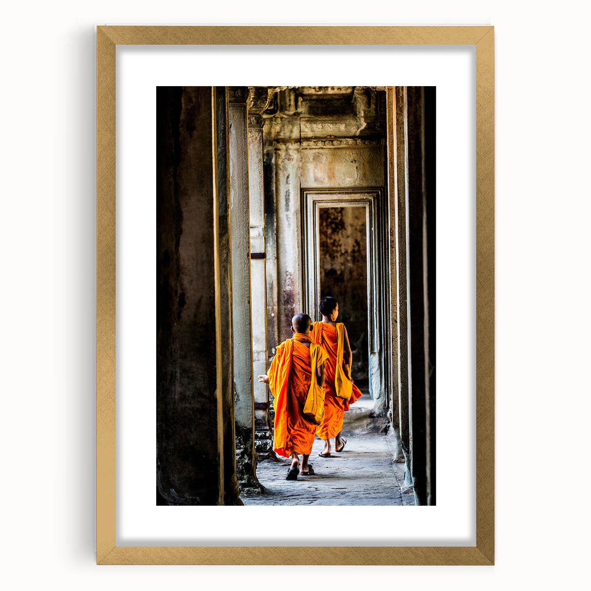 Extra large abstract art print of a Cambodian scenery in textured gold frame, ideal for living room decor.