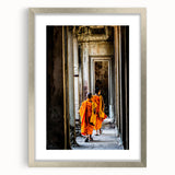 Textured art depicting an abstract Cambodian landscape in earth tones, framed in silver, ideal for bedroom art.