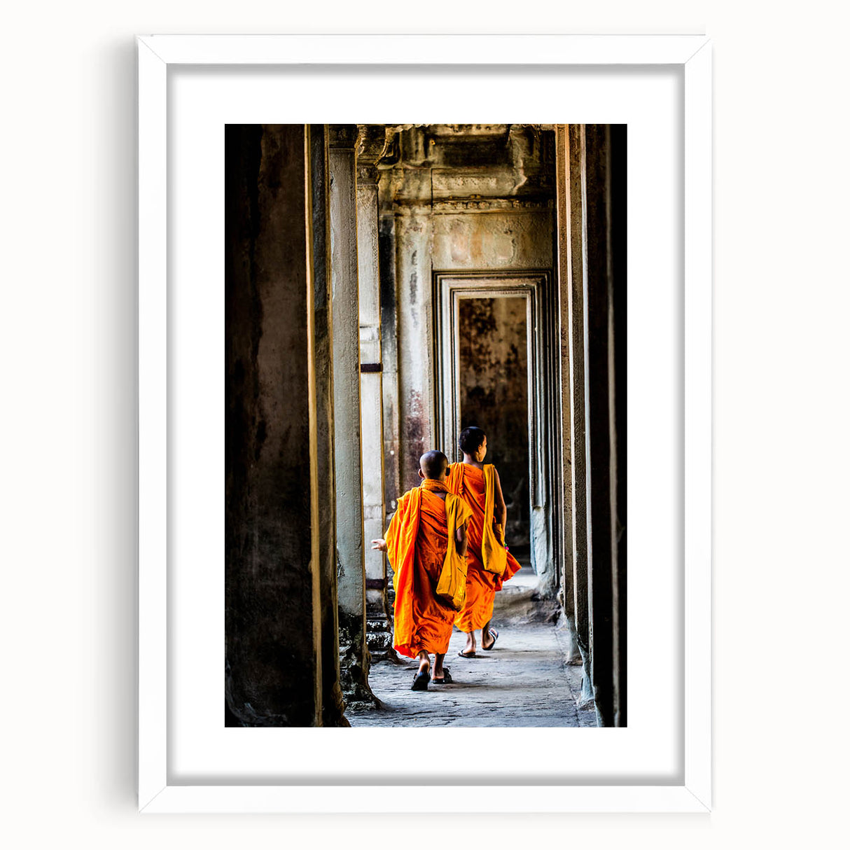 Abstract art print of a Cambodian landscape in muted earth tones on a framed white mat, suitable for dining room decor.