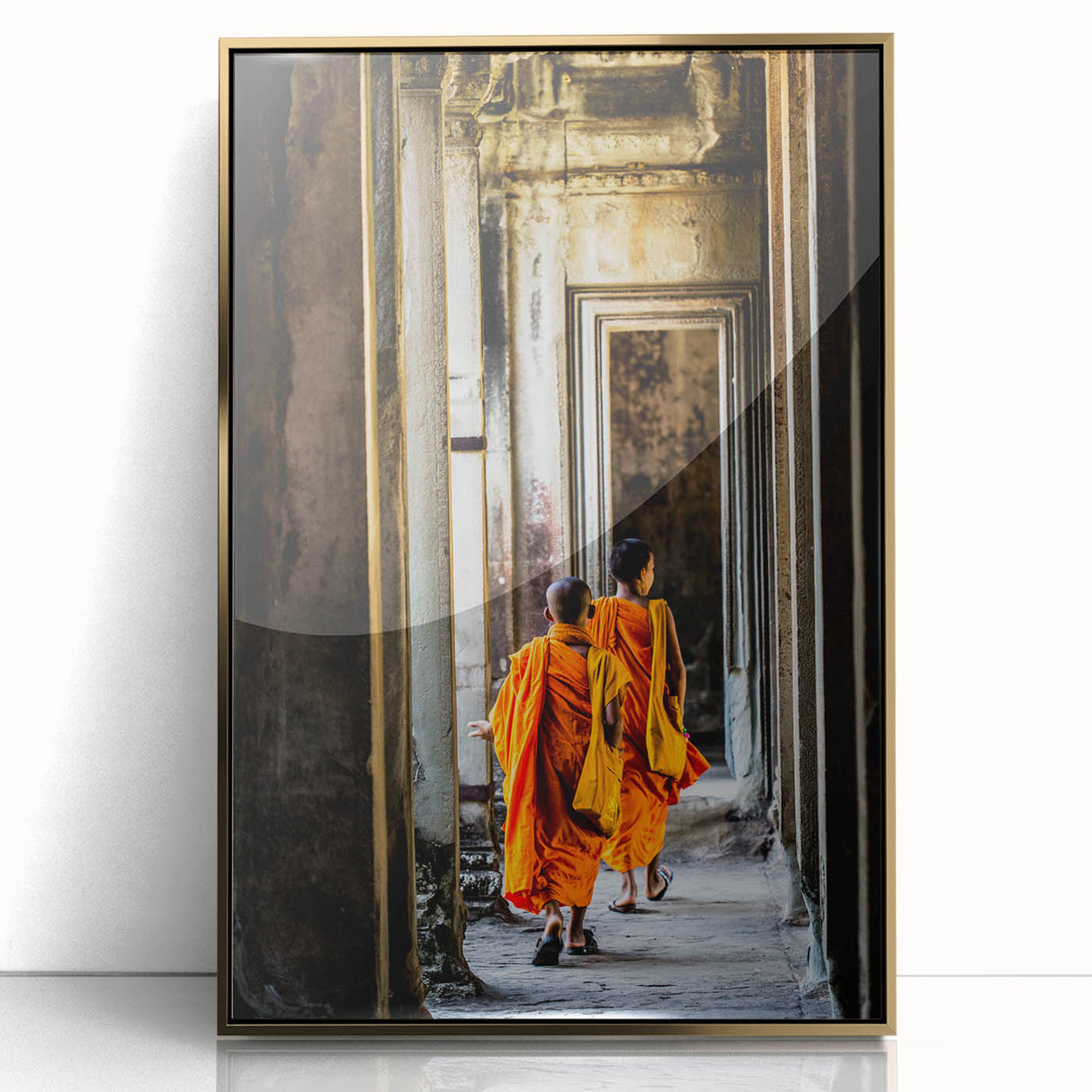 Mid-century modernist style depiction of a Cambodian landscape on a large framed acrylic print.